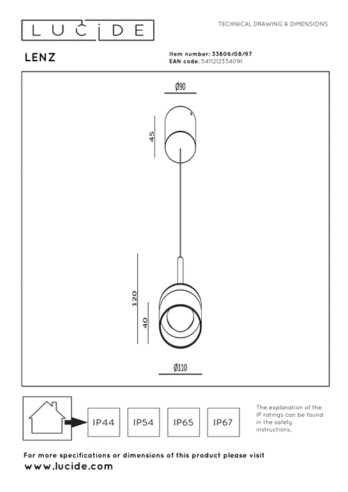 Lucide LENZ - Suspension Intérieur/Extérieur - Ø 11 cm - LED - 1x8W 2700K - IP54 - Rouille | Essential - technique
